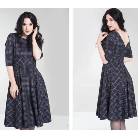 Hell Bunny Peeble 50's Dress Tartan Blue Circle Skirt 3/4 sleeve Size Medium - Picture 1 of 14